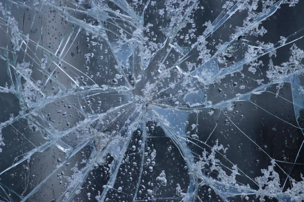 Macro view of shattered automotive safety glass